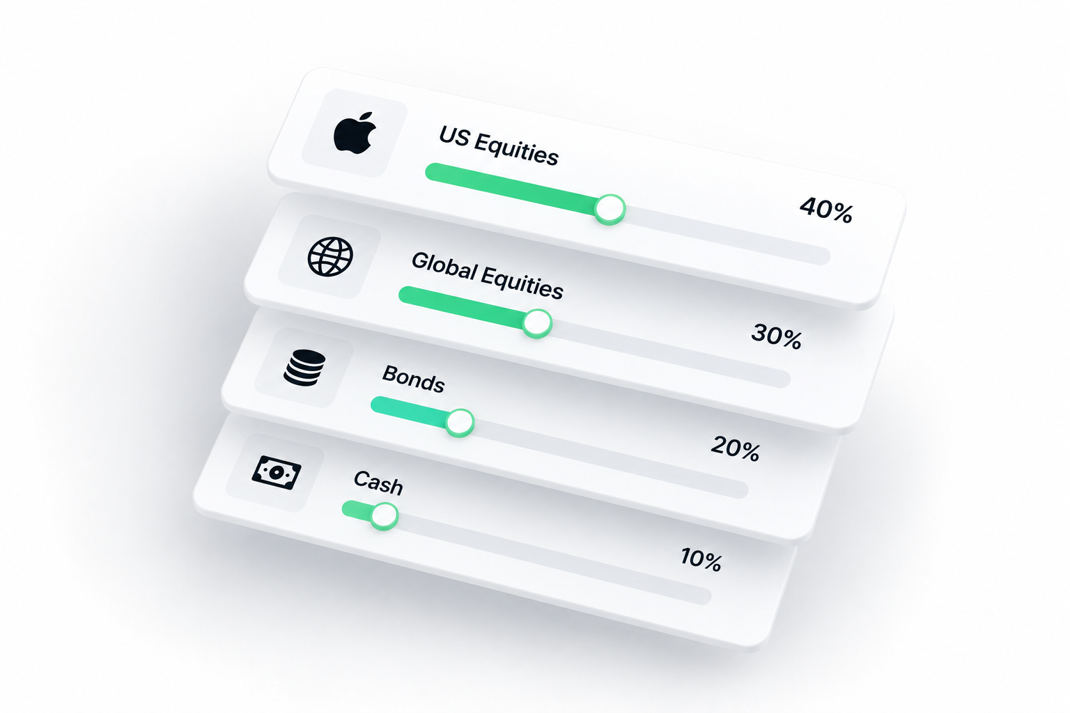 Four portfolio allocation sliders for equities, bonds and cash