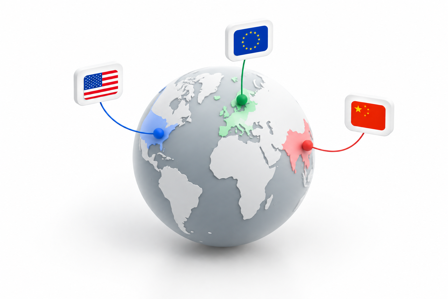 A globe showing investment exposure across the United States, Europe and China