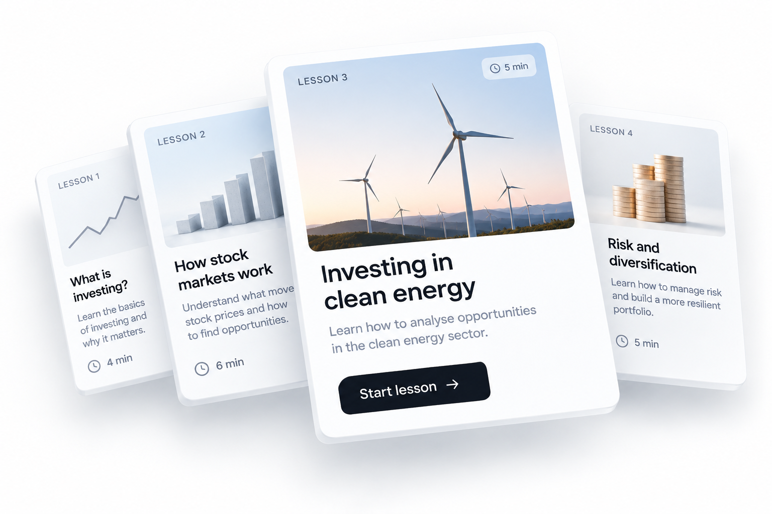 Investing lesson cards covering the basics, stock markets, clean energy and diversification