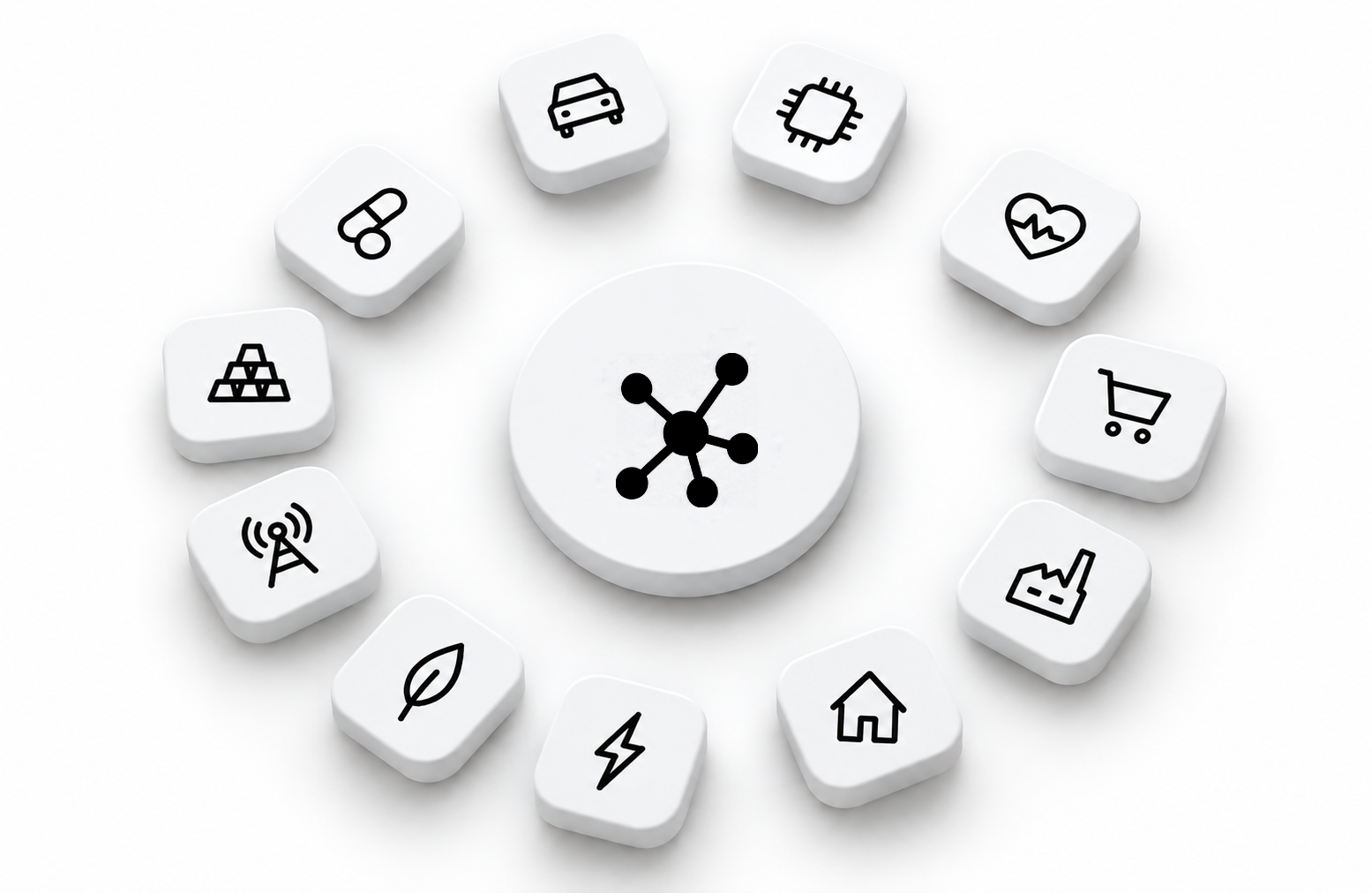 A diverse circle of industries and investment themes around a central portfolio