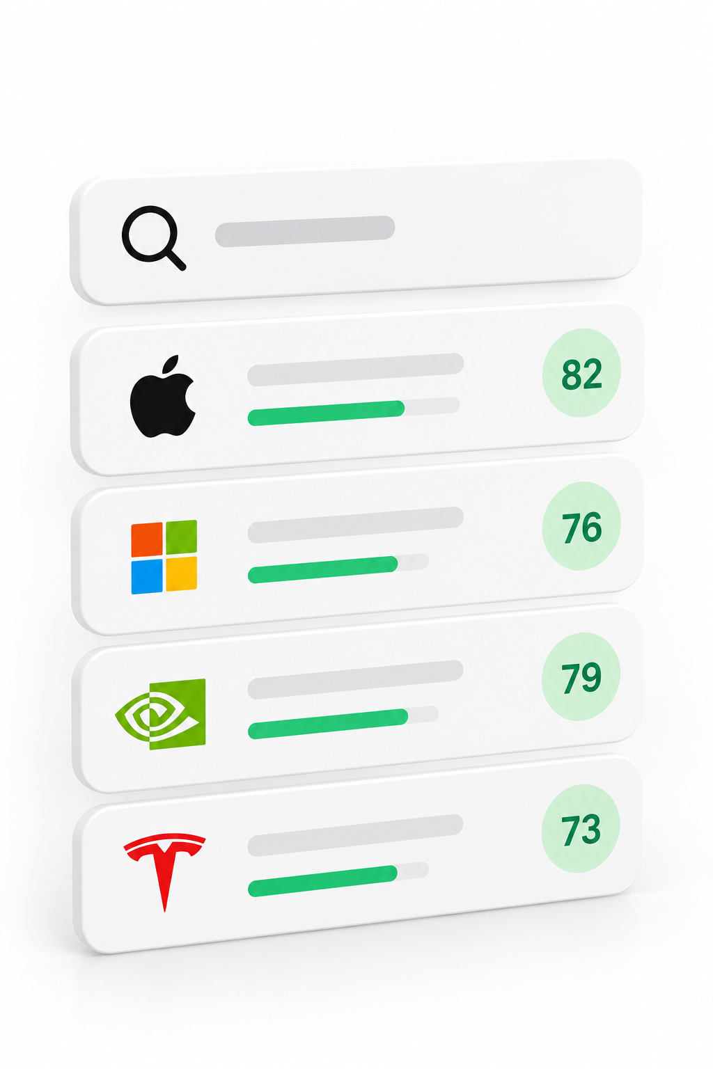 Apple, Microsoft, NVIDIA and Tesla organised into a comparable company shortlist with illustrative scores