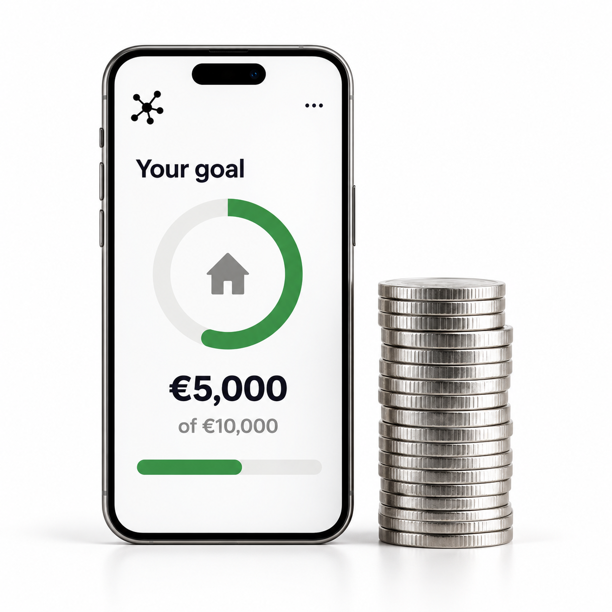 Mesodian goal-progress phone beside a stack of coins, with an illustrative €5,000 towards a €10,000 goal