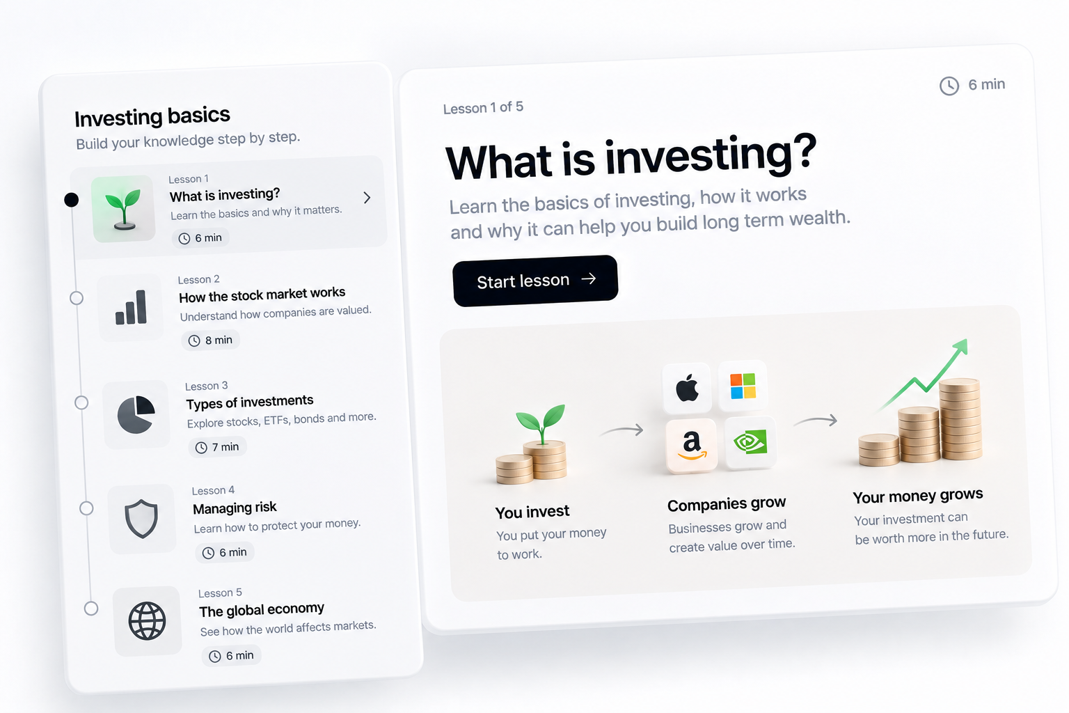 Investing basics learning path with five short lessons and a plain-English introduction